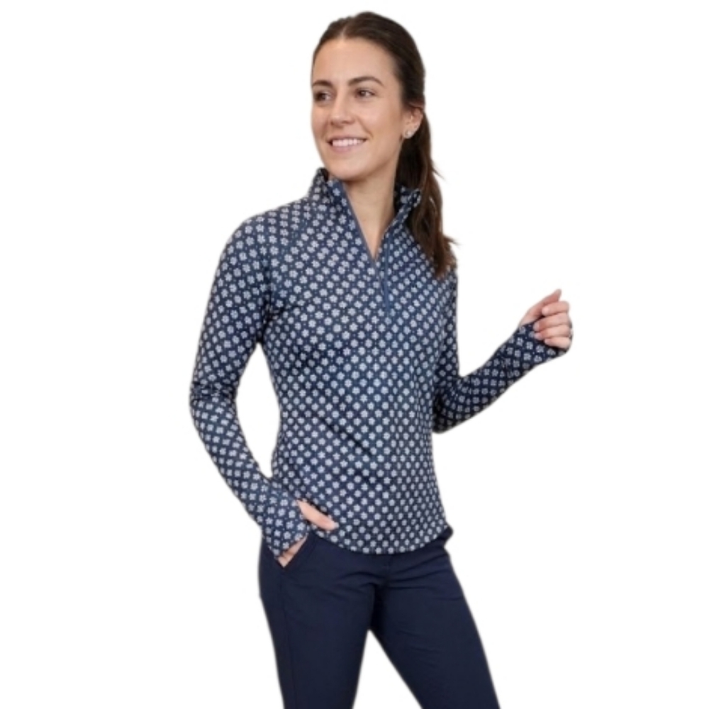 THE GREAT. Outdoors Geometric Navy Blue Print Quarter Zip Small